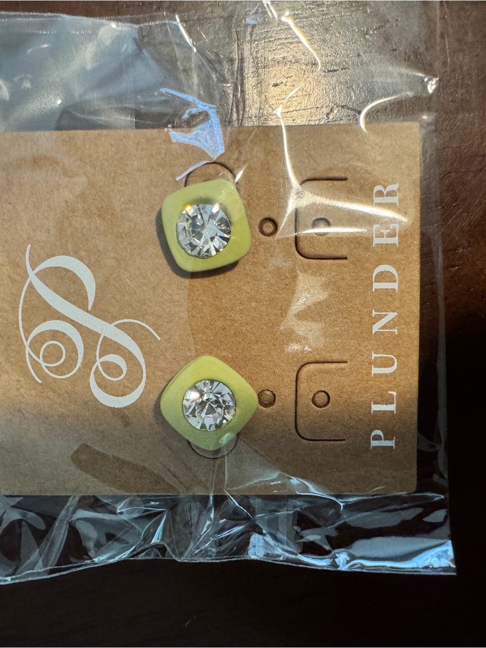 Plunder Lime Green Square Stud Earrings with Clear Crystals
